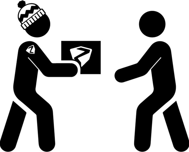 Pictogram of one person handing another a parcel with the ZIENER logo