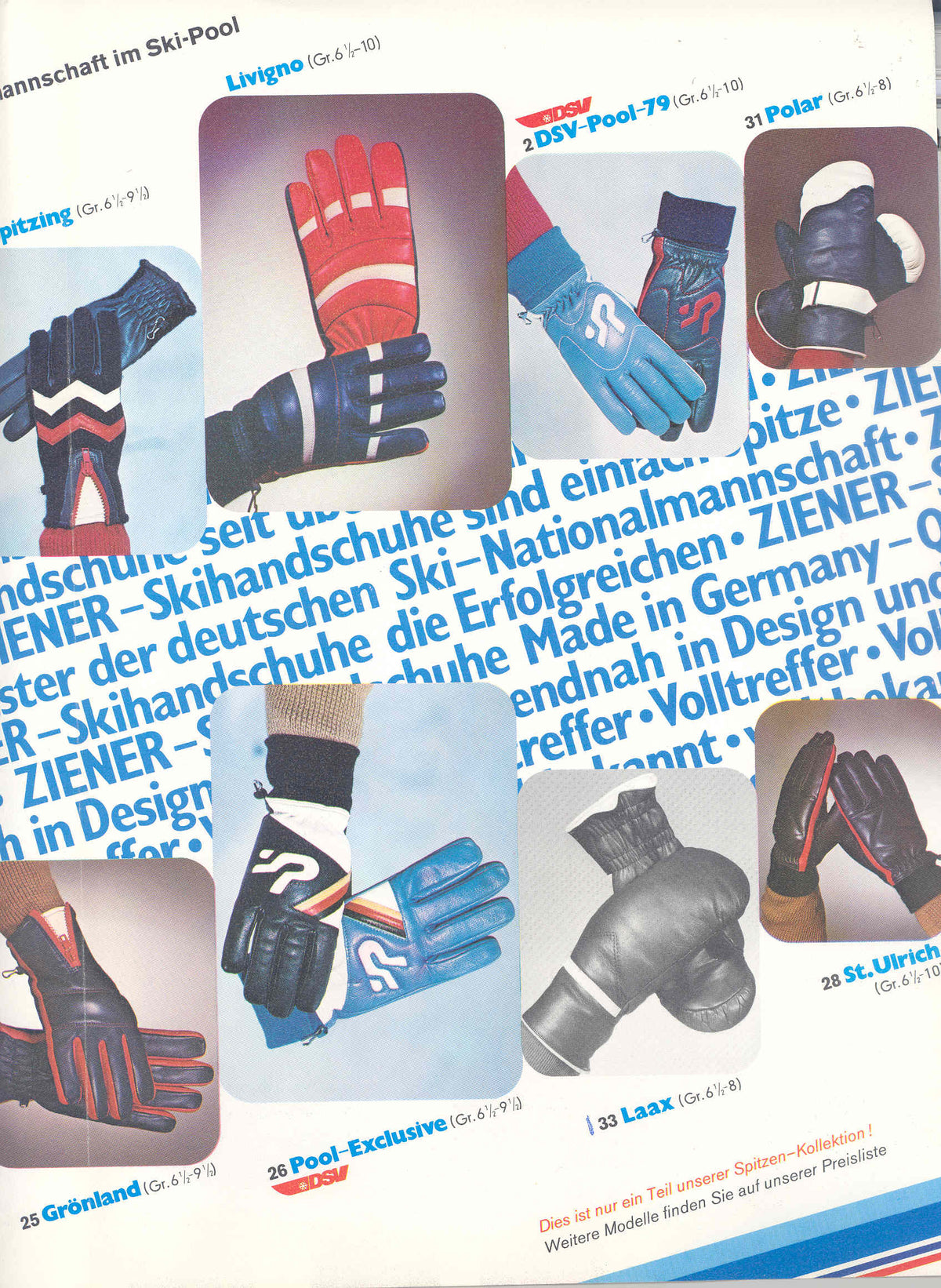 Historische ZIENER Katalogseite mit Skihandschuhen der Deutschen Ski-Nationalmannschaft