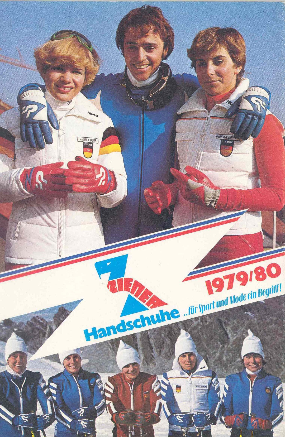 Titelseite des ZIENER Handschuhkatalogs 1979/80 mit Skisportlern in Mannschaftsbekleidung